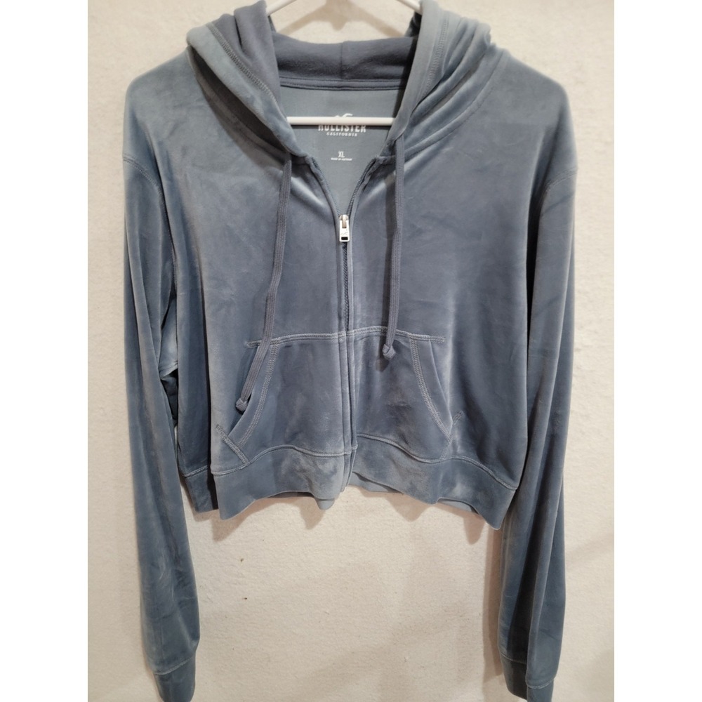 Hollister‎ Women XL Velour Full Zip Hoodie Cropped Slate Blue Velvet Soft Jacket